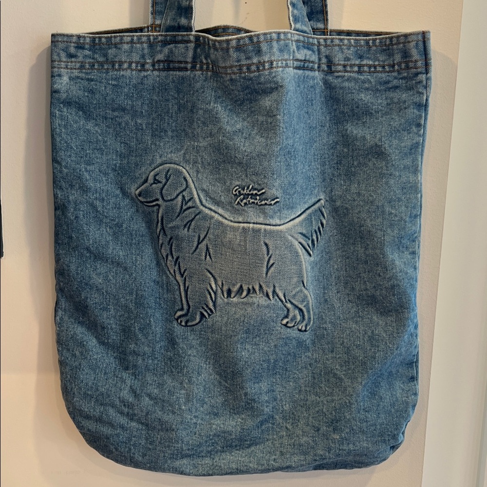 Vintage Handmade Denim Tote/Market Bag with Golden Retriever Embossed on Front